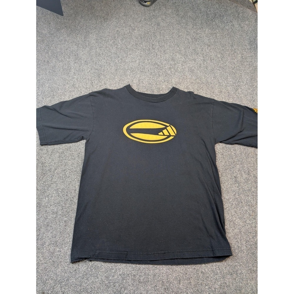 Adidas Shirt Mens Large Black Yellow Oval Logo Graphic Short Sleeve Tee